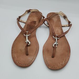 Coach Rue Dog Leash Flat Sandals Women’s 10 Brown Leather Silver Hardware Thong